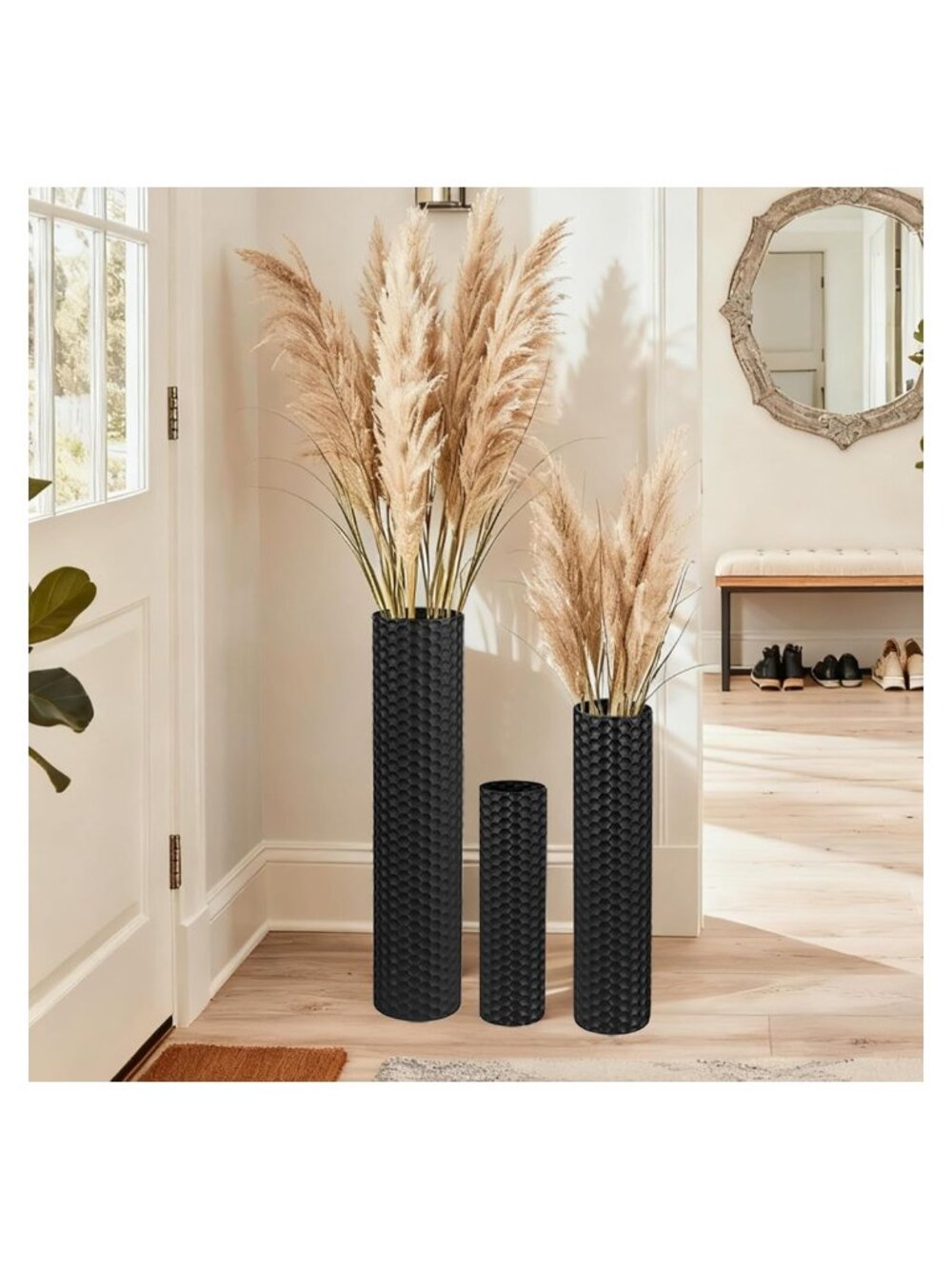Set of 3 Metal Floor Vases Tall Textured Honeycomb Home Decor